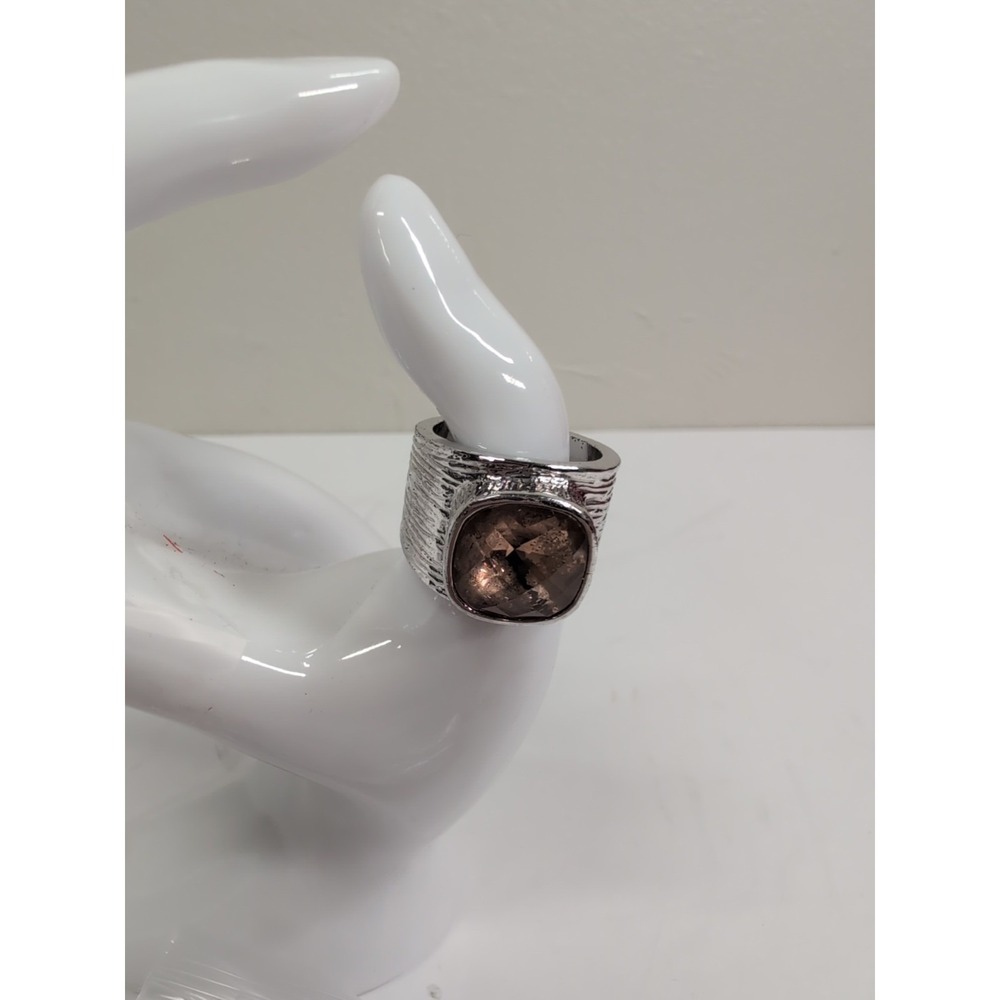 Lia Sophia "Peachy Keen" Ring w/Peach Crystal Stone Wide Textured Silver Band 8